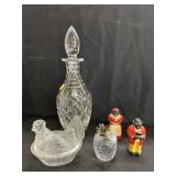 Glass Hen on Nest w/ Shakers & Crystal Bottle