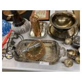 Silver Plated Serving Pieces w/ Carved Wood Vase