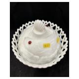 Milk Glass Fish Decorated Covered Dish