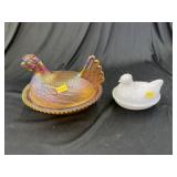 (2) Glass Hens on Nest