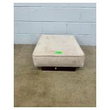 Beige Microsuede Ottoman with Wood Base