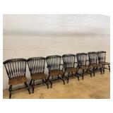 7 Black and Brown Windsor Chairs with Floral Motif