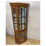 Lighted Oak Corner Curio Cabinet w/ Glass Shelves