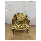 Wood Barrel Chair w/ Cane Back & Green Upholstery