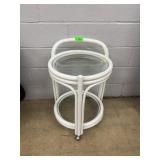 White Rattan and Glass Two-Tier Side Table