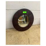 Round Wall Mirror with Geometric Wood Frame