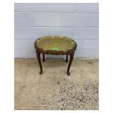 Ornate Wood Side Table with Brass Tray Top
