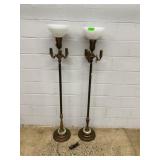 Pair Rembrandt Brass Floor Lamps with Glass Shades
