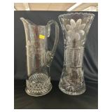 Cut Glass Vase w/ Etched Pitcher