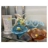 Asst. Art Glass w/ Porcelain Pitcher & Bowl