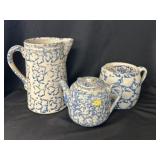(3) Stoneware Sponge Decorated Pitchers