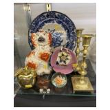Staffordshire Dog w/ Transferware Plate & Candlest
