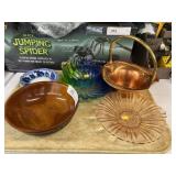 Copper Basket W/ Assorted Art and Depression Glass