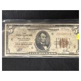 1929 Philadelphia $5 Bank Note