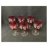 (6) Ruby Glass Grape Pattern Wine Glasses