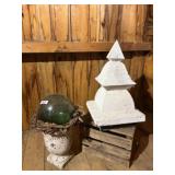 Concrete Birdhouse and Glass Sphere Urn