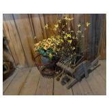 Decorative Faux Flowers w/ Basket and Wheelbarrow