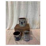 Three Stoneware Crocks with Blue Designs