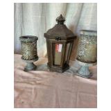 Metal Lantern and Pair of Metal Candle Holders
