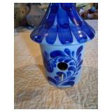 Blue Glazed Ceramic Birdhouse Signed 2004
