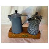 Enamelware Coffee Pots on Wooden Stand