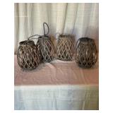 Four Woven Rattan Lanterns with Rope Handles