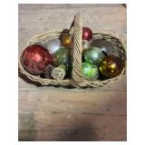 Wicker Basket with Assorted Glass Ornaments