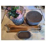 Metal Basket, Wooden Rack, Watering Can, and Tins