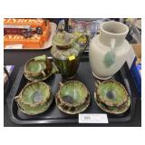 Majolica Style Tea Service w/ Pottery Vase
