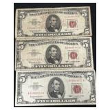 (3) 1963 $5 Red Seal Bills