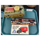 Tin Litho Tank w/ Diecast Trucks