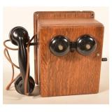 Vintage 20th C. Oak Hand-Cranked Wall Telephone