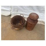 Rusty Metal Milk Can And Two Cauldrons