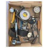 Box Lot: Gauges, Protractor, Tools