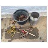 Farm Hardware, Rope, Bucket, Metal Pail