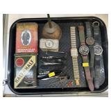 Tobacco Tins w/ Pocketknives & Wristwatches
