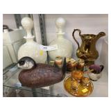 Milk Glass Stoppered Bottles w/ Lustreware & Duck