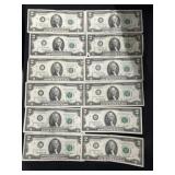 (12) 1976 $2 Dollar Bills