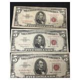 (3) $5 Red Seal Bills