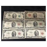 (6) Red Seal $2 Bills w/ 1995 Bill