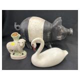 (2) Machine Carved Figs. w/ Pfaltzgraff Vase
