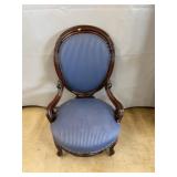 Victorian Balloon Back Wood Chair Blue Upholstery