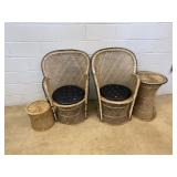 Rattan Chair and Table Set w/ Black Cushions