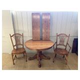 Oak Pedestal Dining Table With 2 Chairs & Leaves
