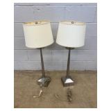 Pair Brushed Metal Table Lamps With Shades