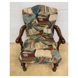 Upholstered Armchair w/ Book Pattern Fabric