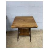 Wood Side Table With Spool Legs and Shelf