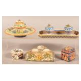 Five Antique Hand-Painted Pottery Inkwells.