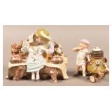 Two Antique Hand-Painted Porcelain Figural Inkwell