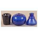 Three Antique Blue Glass Inkwells.